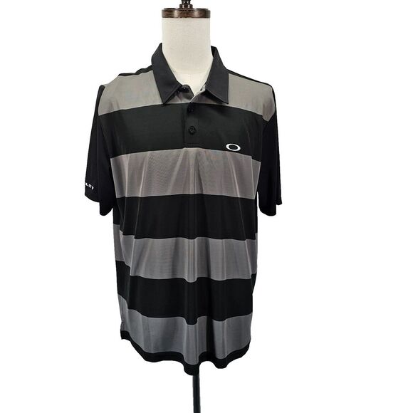 Oakley Polo Golf Shirt Mens XL Short Sleeve Striped Hydrolix Black Gray Collared - Picture 1 of 14